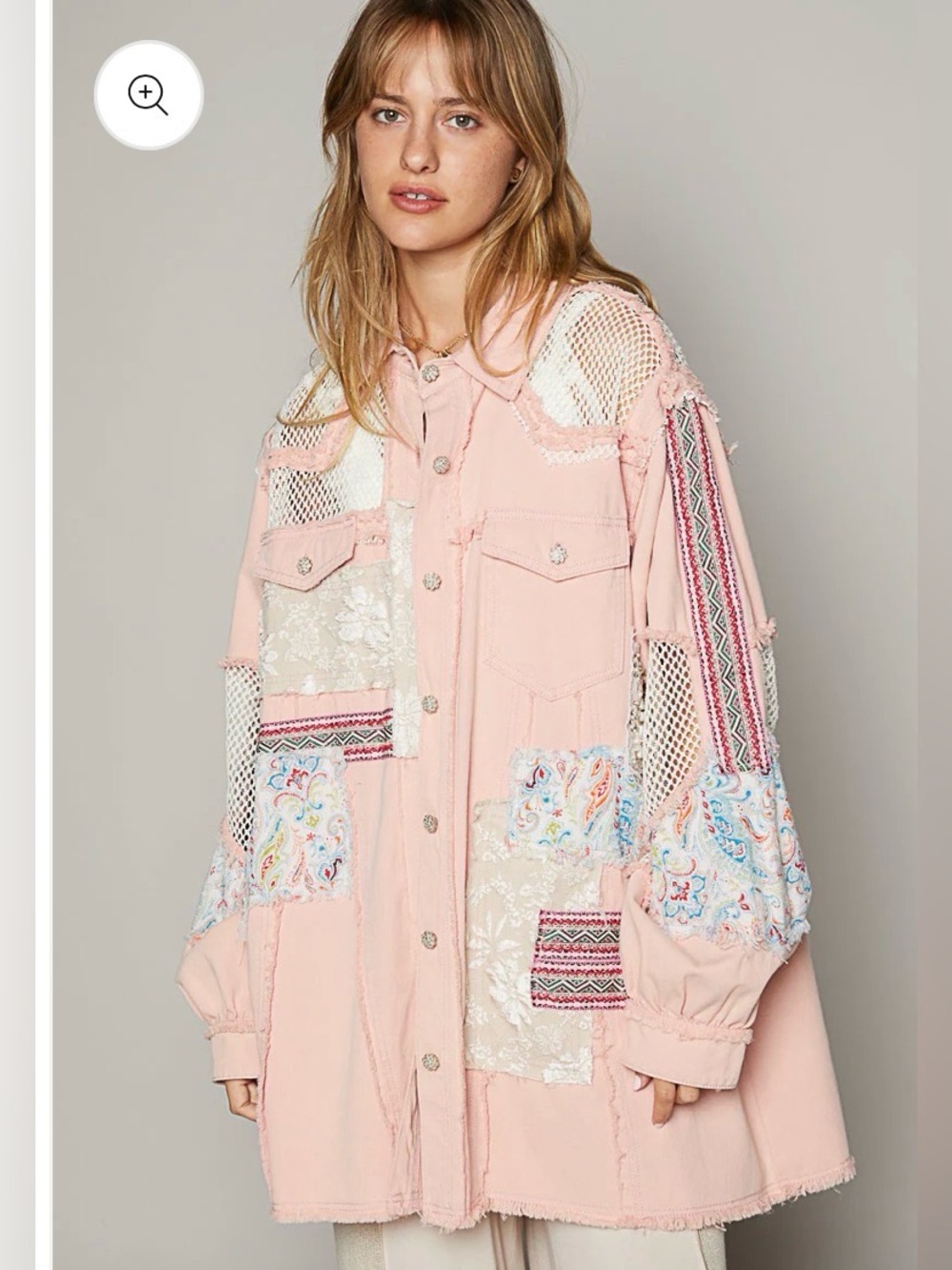 POL Oversized Pink Patchwork Shacket Medium Rhinestone Raw Hem Boho Jacket